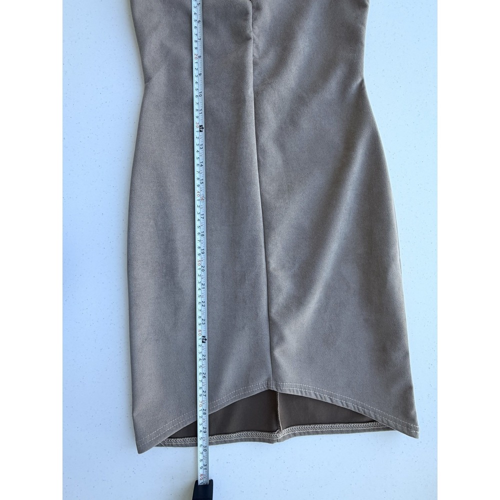Women's‎ Faux Suede Taupe Mini Dress 6 Bodycon Asymmetrical Y2K 90s - Picture 6 of 9